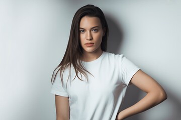 Obraz premium Woman in a white shirt stands against a neutral wall with a confident look.