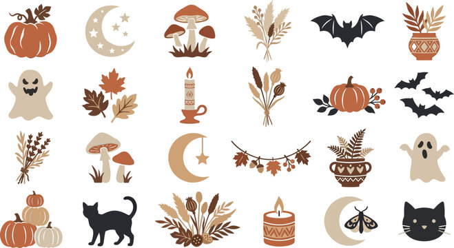 Set of cute autumn and halloween icons with pumpkins ghosts bats cats and fall leaves Vector