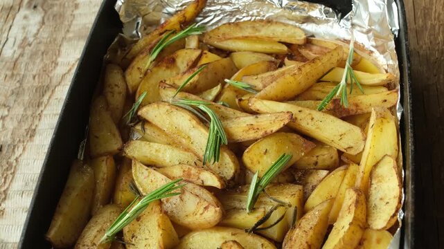 Sliced baked potatoes with rosemary. 