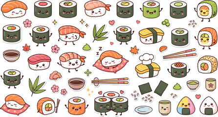 Cute kawaii sushi stickers vector bundle with smiling japanese food cartoon icons nigiri maki roll chopsticks and sashimi characters © Ratna