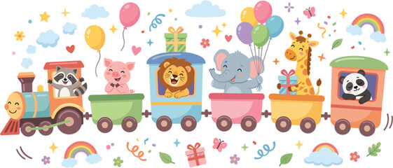 Cute cartoon animals on a toy train vector illustration with birthday party balloons gifts lion elephant giraffe panda © Ratna