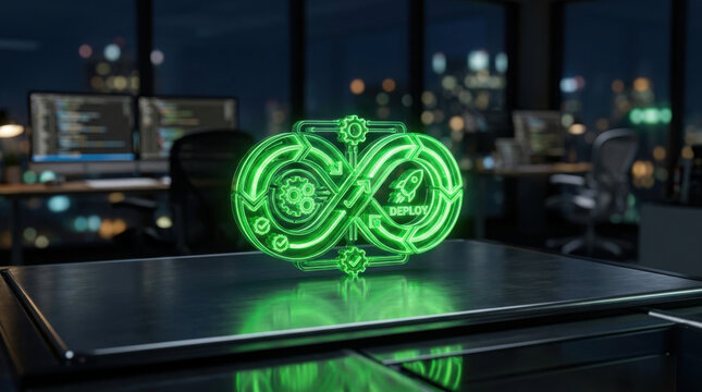 Pipeline automation concept glowing green infinity symbol deployment gear code software system workflow automation devops technology server