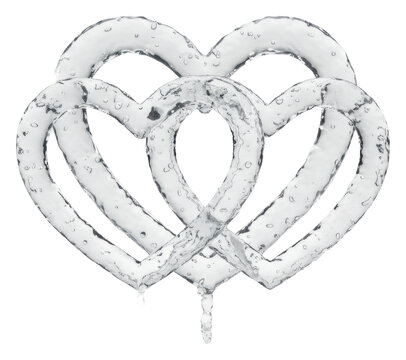 Three interlocking liquid water hearts with bubbles, ripples, and frozen droplets, on a transparent studio background, symbolizing an unbreakable romantic bond