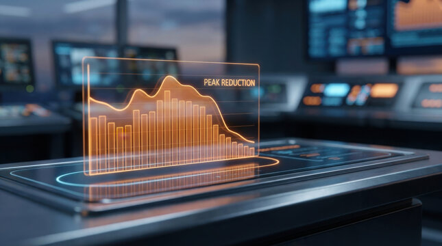 Peak reduction electricity demand chart in control room with glowing data screen for energy saving