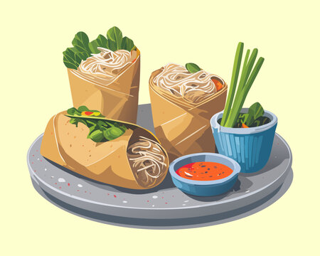 Fresh Vegetable Spring Rolls Plated With Cream Sauce Herb Leaf Green Vegetables Savory Snack Graphic Design Concept - Vector Illustration