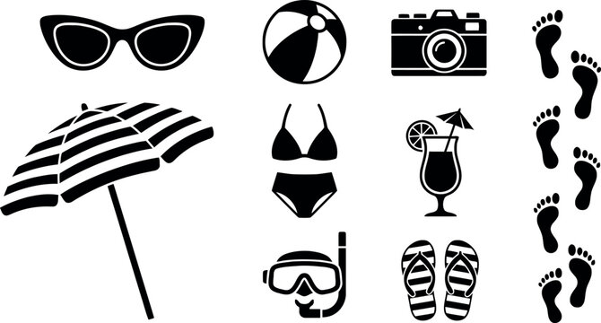 Summer Vacation Icons Sunglasses Beach Ball Camera And Footprints Silhouette