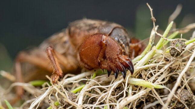 Extreme macro of a brown mole cricket resting on plant roots and soil