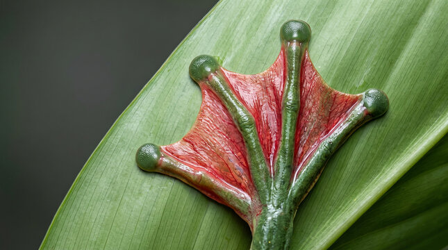 Macro detail of a green tree frog webbed foot resting on a wet leaf