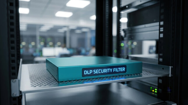 Data loss prevention security filter in server rack with glowing label and clean data center equipment