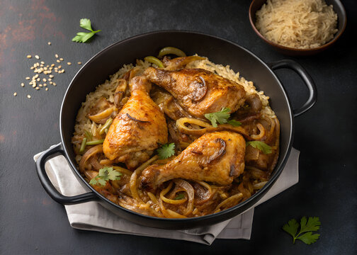 Traditional Senegalese yassa chicken, modern culinary ad style, caramelized onions, isolated on dark background