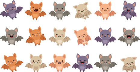 Obraz premium Set of cute cartoon bat characters with different expressions and colors in flat vector style Vector