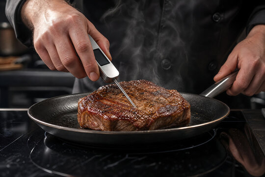  Professional culinary precision concept with a chef using a digital thermometer to check the temperature of a seared steak.
