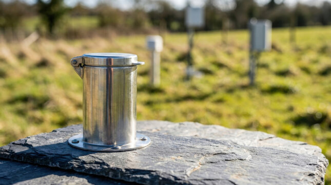 Deep groundwater monitoring well on stone slab in field, metallic well cap for water sample collection and environmental survey