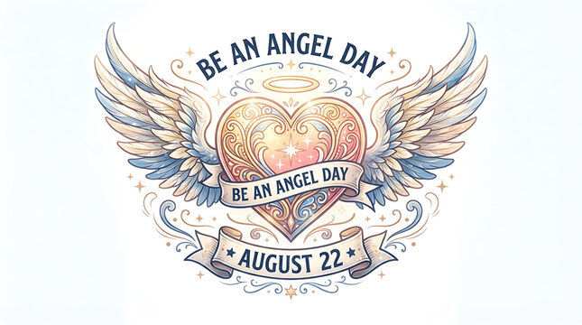 A stylized heart with intricate floral and scrollwork in gold, pink, and light blue, flanked by large feathery angel wings in matching pastels
