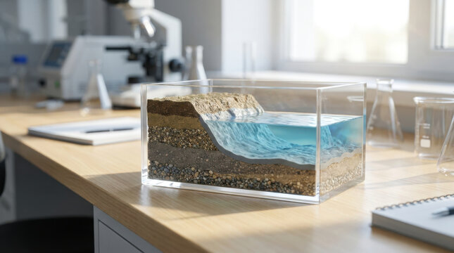 Subsurface dam water retention concept clean aquifer model in laboratory on table