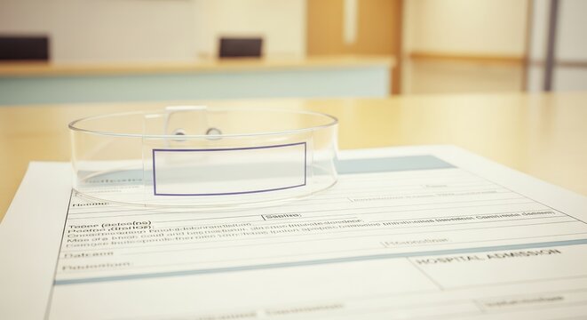 Hospital Admission Form and Patient Identification Band on Desk in Healthcare Setting