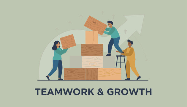 Three diverse workers collaborating to build a tower of wooden blocks, symbolizing business teamwork and growth.