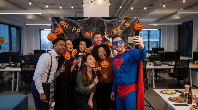 Manager and employees celebrate Halloween in costumes at office party