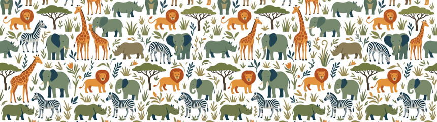 Cute Safari Animals Seamless Pattern with Trees and Plants © beni