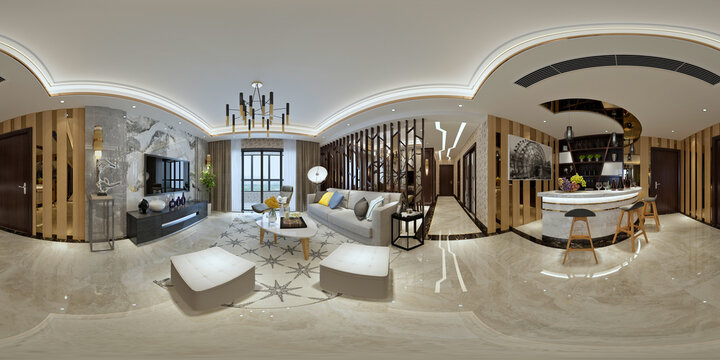 360 degree view modern home interior living room dining room 3d render