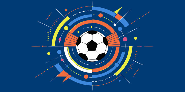Vibrant soccer ball graphic design element featuring geometric circular lines and bright colorful patterns isolated on a dark blue background