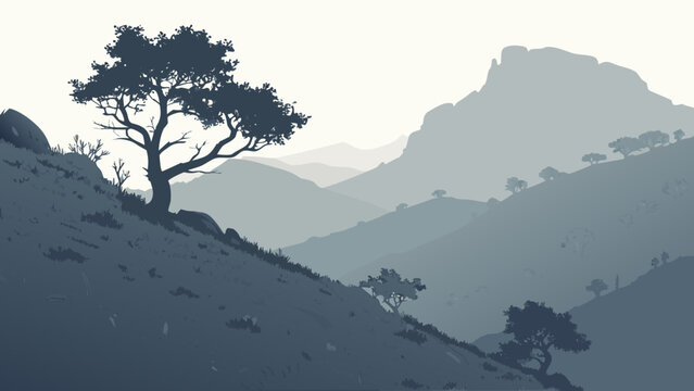 Stylized mountain landscape vector illustration featuring a solitary silhouetted tree on a rugged hillside during a soft atmospheric misty morning