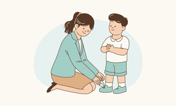 Female Teacher Kneeling to Tie Shoelaces for Schoolboy Representing Compassionate Support Vector