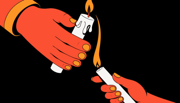 Vibrant orange hands passing a lit flame between two white candles in this minimalist modern vector graphic design art piece