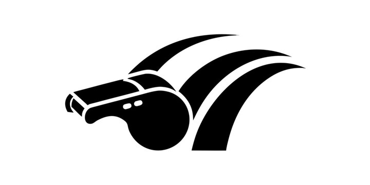 Professional black vector illustration featuring a motion blur sports whistle symbol used by referees to signal game action start times