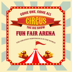 Retro banner with a circus image with lights and tent. Vintage poster for a carnival show, fair or entertainment event.  © Natali