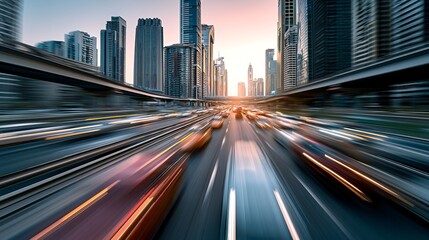Fototapeta premium Cars blur on the highway overpass, with the modern city behind.