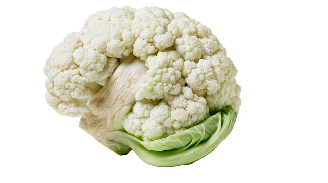 Fresh white cauliflower with green leaves