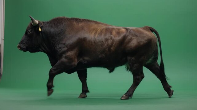Powerful bull walking against a green screen during a cinematic slow motion sequence