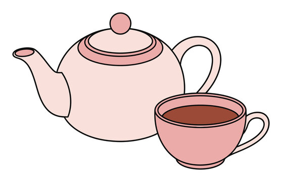 Una sencilla tetera rosa con una taza a juego llena de t&eacute;