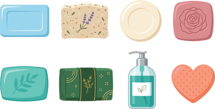 Set of natural handmade bar soaps and liquid dispenser, organic cosmetic bath vector graphic illustration