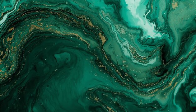 Extreme macro shot of swirling emerald green liquid marble ink in water. Abstract fluid art with vibrant colors and dynamic movement