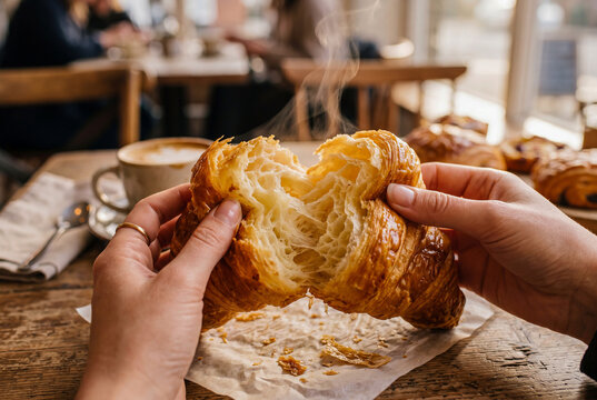 Close-up of hands pulling apart a warm, freshly baked golden butter croissant, showing flaky pastry layers and soft interior texture