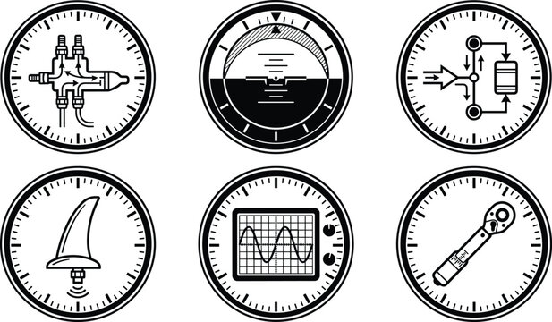 Industrial measurement instruments and technical gauges vector icon set in black and white style