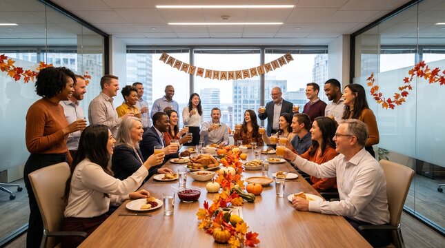 Office employees toasting during a festive Thanksgiving celebration