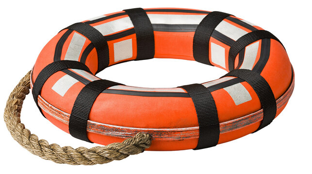 Orange lifebuoy with rope and reflective stripes