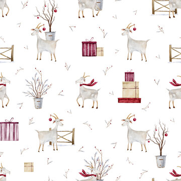 Christmas goats with red ball seamless pattern with watercolor hand-painted tile suitable for textiles, fabrics, and packaging. Repeat ornament with gifts, small trees in buckets and wooden fences.