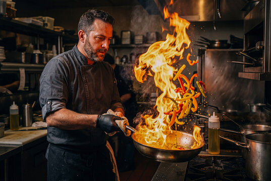 Professional male chef cooking food with dramatic flamb&eacute; fire flames in wok pan at restaurant kitchen, high heat culinary performance concept
