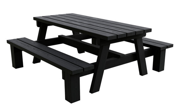 Black wooden picnic table with attached benches
