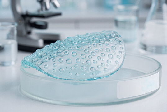 Scientific research laboratory test of flexible gel pad with textured liquid droplets for medical material technology, absorbent layer, and product testing concept