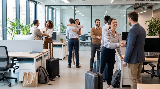 Office employees returning to work, greeting each other with hugs and handshakes