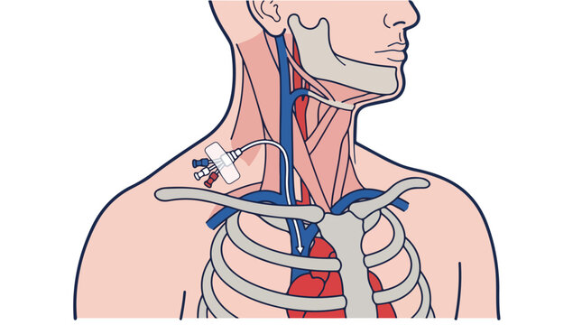Medical vector illustration of a central venous catheter, internal jugular vein CVC line placement, anatomical diagram of human neck and chest