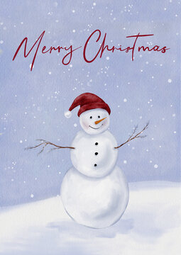 Watercolor Christmas illustration of smiling snowman wearing a red hat on a blue snowy background with snow falling. Template card with handwritten Merry Christmas on background