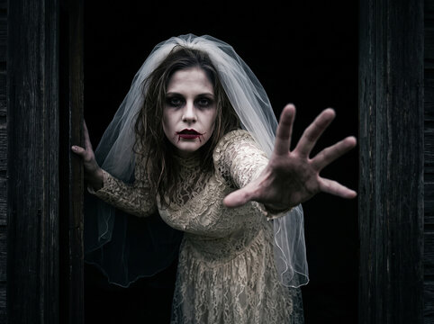 Creepy ghostly bride in tattered white lace dress and veil reaching out with a pale hand from dark doorway for halloween horror and gothic backgrounds