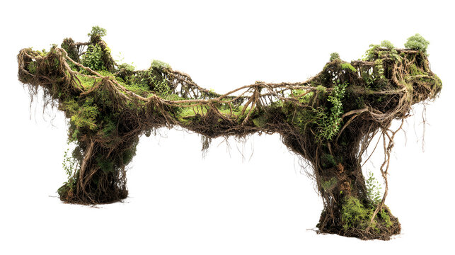 Natural root bridge structure with moss with against white background covered moss greenery sustainability conservation environment ecosystem