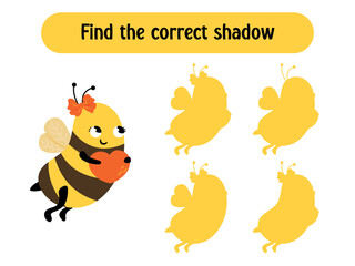 Cartoon bee with heart find the correct shadow educational game. © Helga KOV
